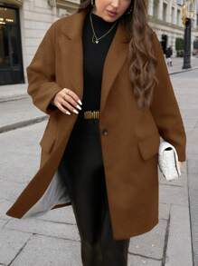 SHEIN Clasi Plus Size Elegant Plus Size Gray Mid-Length Overcoat, Suitable For Workwear - Brown - View 5