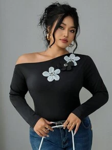 Flirla Damen Große Größen Schwarz & Weiß Blumen Schulterfreies Langarm T-Shirt Grafik Oberteile Damen für den Frühling