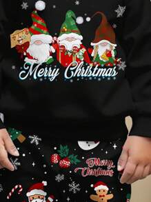 SHEIN 男婴圣诞主题舒适多彩家庭图案宽松针织柔软连帽衫和运动裤服装套装，适合秋冬季