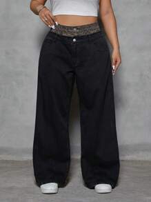 SHEIN ICON Jeans décontractés, amples et polyvalents pour femmes grandes tailles avec patchwork, insert léopard et poches - Noir - Voir 1