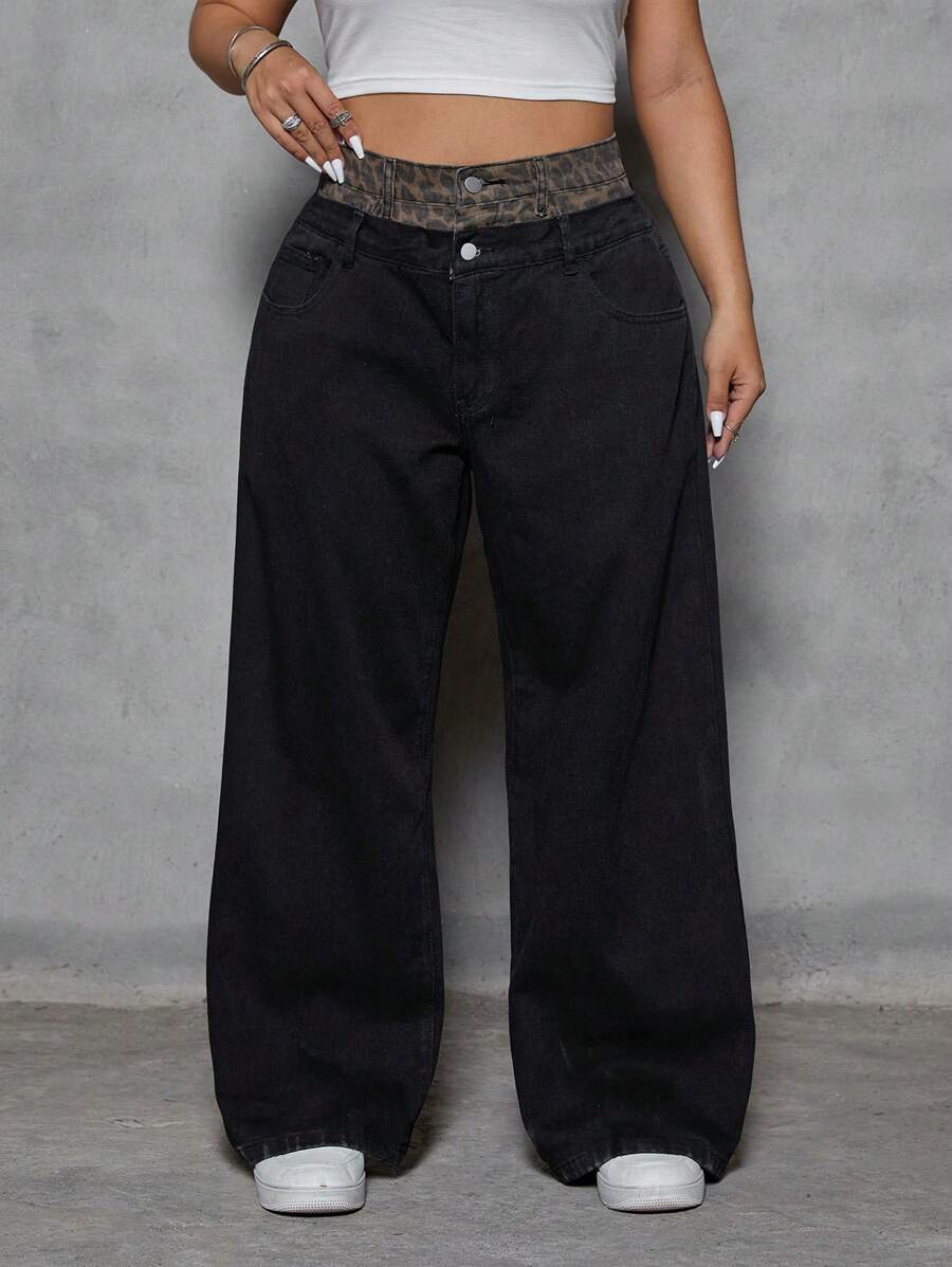 SHEIN ICON Jeans décontractés, amples et polyvalents pour femmes grandes tailles avec patchwork, insert léopard et poches - Noir - Voir 1