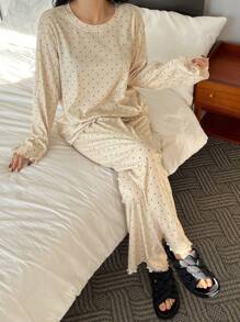 DAZY Polka Dot Print Full Foliage Lettuce Trim Loose Pajama Set, Fall Winter Clothes
