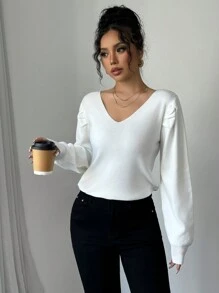 SHEIN Unity Nuevo suéter de punto con cuello en V, manga abullonada, espalda descubierta, sexy, con lazo para mujer. Suéter de punto para otoño e invierno - Blanco - Ver 6