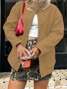 Chiquease Chaqueta casual de manga larga con botones en el frente, diseño sencillo para uso diario para mujeres - Camel - Ver 8