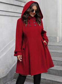 SHEIN Clasi Abrigo con capucha de diseño de doble botonadura, manga larga y bolsillos para mujer de talla grande, para otoño/invierno
