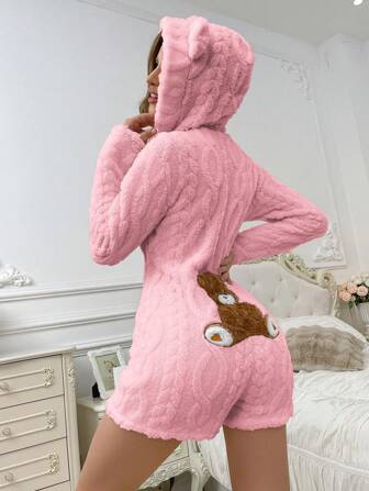 Djurformad huva med nallebjörnsbroderi, plyschig damklänning i ett stycke, fluffig, för hösten/vintern, mysig