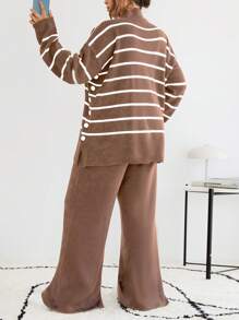 RueChic Striped Pattern Drop Shoulder Sweater & Flare Leg Knit Pants - Camel - View 2