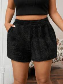 SHEIN EZwear Plus Size Extra Short Faux Mink Fur Shorts, Autumn/Winter