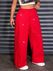 SHEIN ICON Plus Size Women's Rhinestone Embellished Pockets Wide Leg Loose Fashion Christmas Jeans - Red - View 5