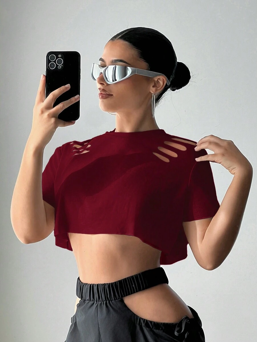 SHEIN ICON Women's Solid Color Round Neck Short Sleeve Distressed Cropped Loose T-Shirt - Burgundy - View 1