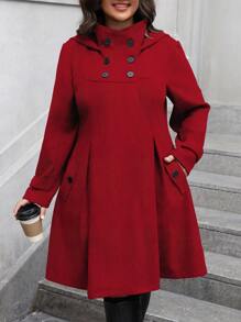 SHEIN Clasi Abrigo con capucha de diseño de doble botonadura, manga larga y bolsillos para mujer de talla grande, para otoño/invierno