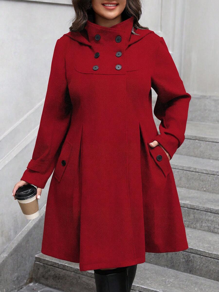 SHEIN Clasi Abrigo con capucha de diseño de doble botonadura, manga larga y bolsillos para mujer de talla grande, para otoño/invierno