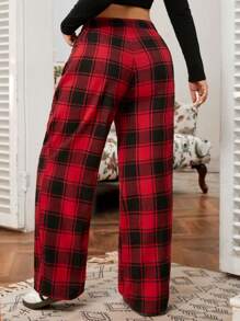 SHEIN EZwear Pantalones holgados de cuadros, de cintura elástica y diseño con botones, para mujer de talla grande, color rojo