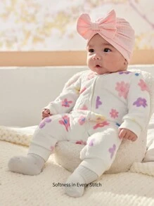 Cozy Pixies Newborn Baby Girl Colorful Floral Print Soft Knit Warm Long Sleeve Jumpsuit, Suitable For Winter, Indoor, Outdoor, Vacation