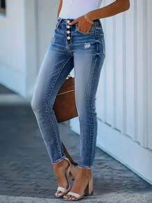 Pantalones vaqueros ceñidos casuales con cintura elástica y abotonadura simple para mujer