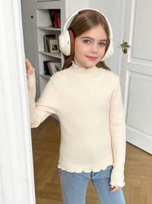 Tween Girl Fleece High Neck Frill Trim Casual Warm Sweater For Everyday Wear - Beige - View 5