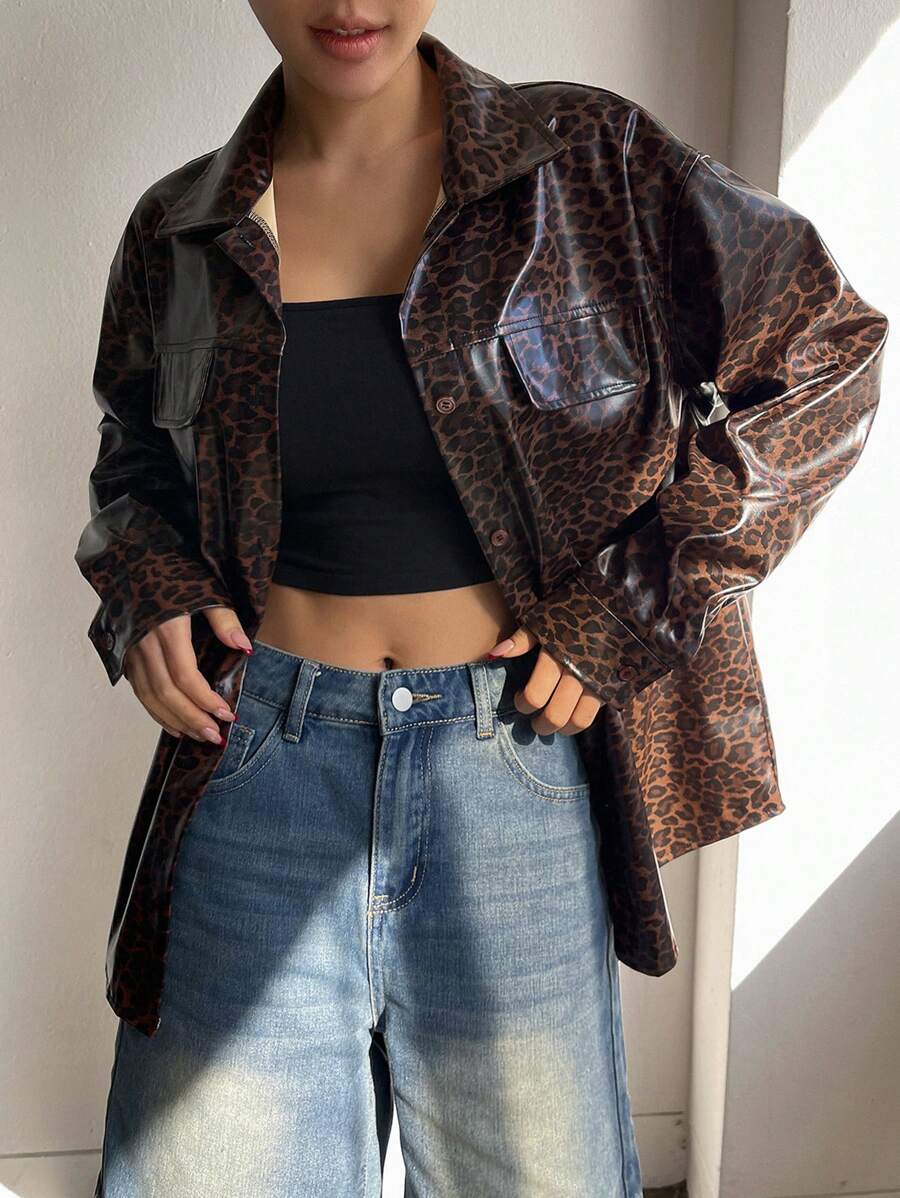 DAZY Women Leopard Print PU Leather Shirt, Minimalist Fashion Casual Everyday