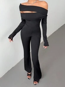 Aloruh Women Solid Color Asymmetric Collar Long Sleeve Hollow Out Fashionable Jumpsuit - Black - View 3
