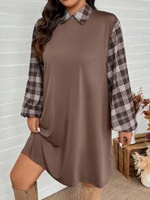 SHEIN LUNE Vestido casual holgado de talla grande para mujer con mangas farol, parches de cuadros y costilla recta, para uso en el otoño, fiesta de vacaciones o evento festivo