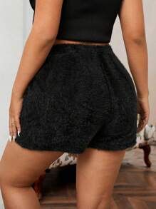 SHEIN EZwear Plus Size Extra Short Faux Mink Fur Shorts, Autumn/Winter