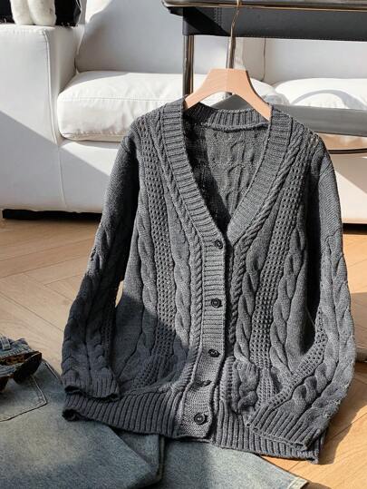 Muchica Women's New Charcoal Grey Cable Knit Loose Fit Mid-Length Cardigan