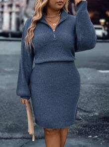 SHEIN CURVE+ Halber Reißverschluss einfarbiges, strukturiertes Kleid mit geraffter Taille und Laternenärmeln, Herbst/Winter - Blau - Übersicht 1