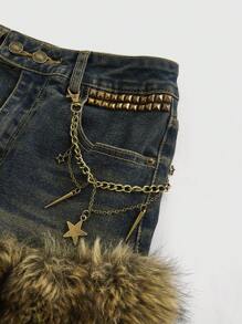 ROMWE Grunge Punk Punk Vintage Washed Distressed Cross Rivet Low Waist Bodycon Denim Mini Skirt For Women - Blue - View 3