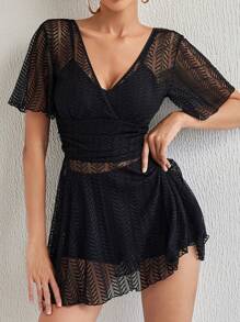 Women's Solid Color V-Neck Mesh Short Sleeve Casual Swimsuit Cover Up Dress For Vacation Summer