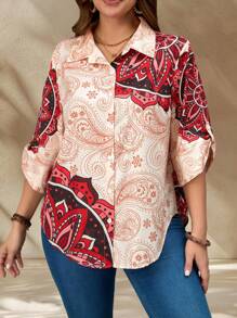 EMERY ROSE Plus Size Women's Autumn Beige Paisley Print Boho Shirt,Loose Ruffled Sleeve Single Button Top For Christmas,New Years,Vacation,Spring/Summer - Multicolor - View 7