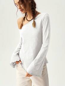 Bohemela Vacation Casual Solid Color Asymmetrical Neck Bell Sleeve T-Shirt