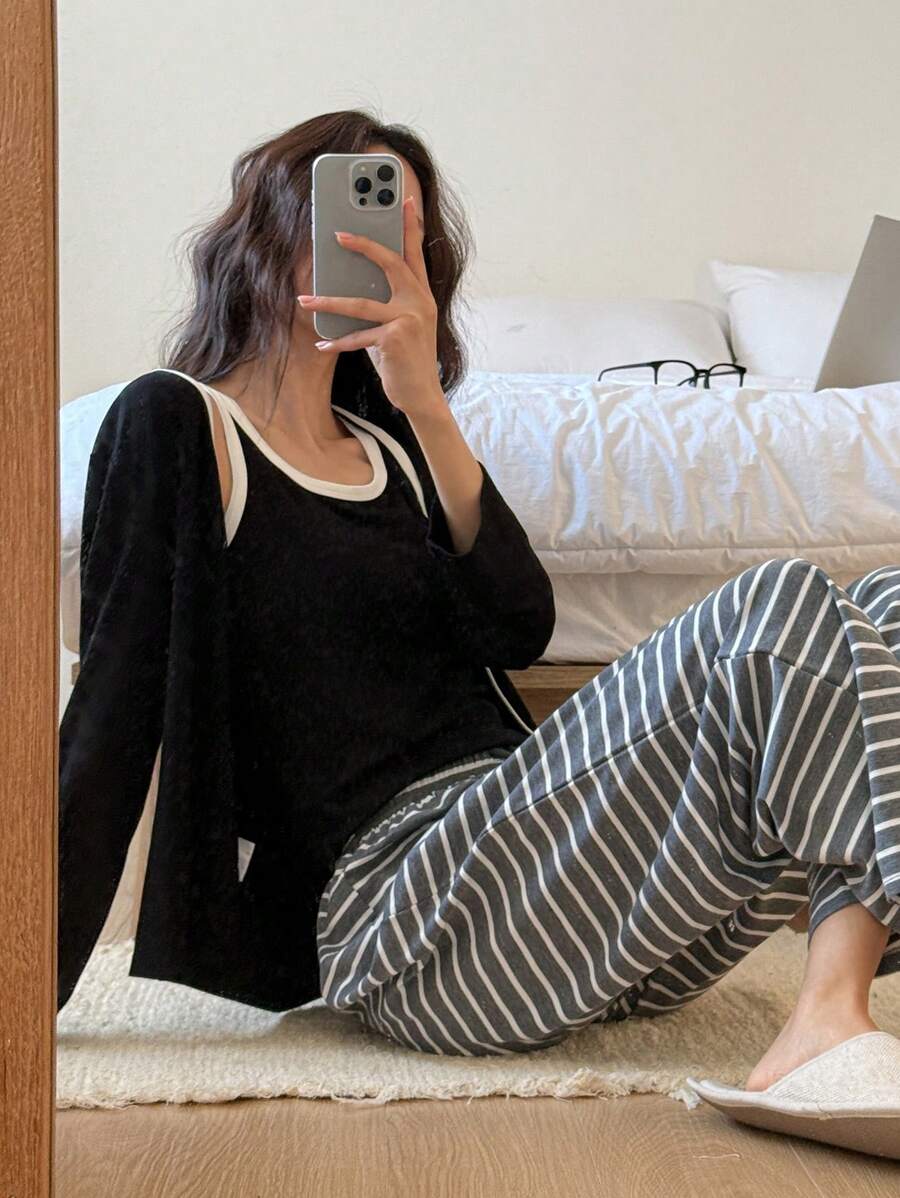 DAZY 3pcs/Set Contrast Trim Fitted Tank Top, Robe And Striped Straight Leg Pajama Pants Sleepwear Pajama Set, Back To School Clothes, For Fall Winter Clothes