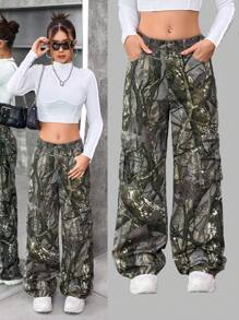 SHEIN Teen Girl Fashion Casual Branch Print Flap Pocket Cargo Denim Jeans - Multicolor - View 1