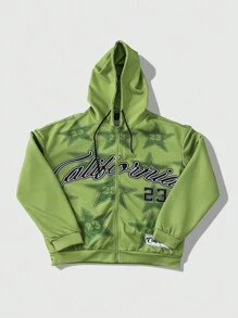 ROMWE MEN Street Life Men Autumn Letter & Five-Pointed Star Print Long Sleeve Zip Front Hoodie Sweatshirt - Green - View 1