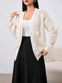 Seusyu كارديجان نسائي بزخرفة ثلاثية الأبعاد من الأزهار، لون أساسي أنيق، للخريف و الشتاء - لون مشمشي - مشاهدة 5