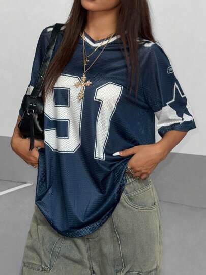 StreetHx Women's Numeric Print Short Sleeve Mesh Colorblock Loose Fit Sports T-Shirt, Spring/Summer Graphic Tees Women Tops