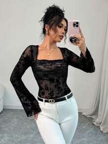 Elenzga Women's Floral Flocked Mesh Square Neck Long Sleeve Elegant T-Shirt For Spring
