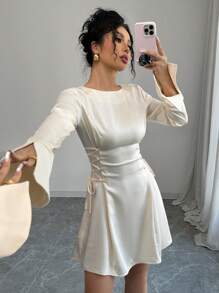 Chiquease Round Neck & Split Bell Sleeve Waist Tie Up Dress Satin Women Outfit Fall Cloth For Women