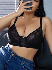 Plus Size 1pc Front Closure Lace Patchwork Underwired Bra, Suitable For Valentine's Day