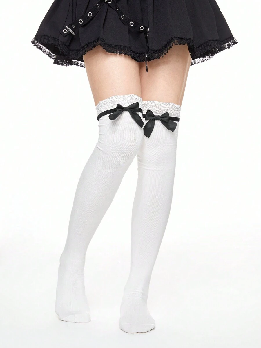 ROMWE Y2K Style Women Over-The-Knee Socks With Bow Decor, Warm - White - View 1