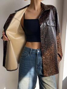 DAZY Women Leopard Print PU Leather Shirt, Minimalist Fashion Casual Everyday