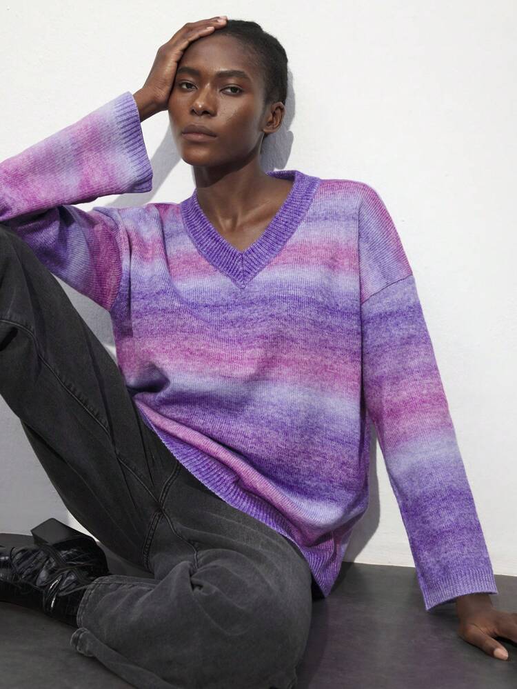 SHEIN Maija Women's Purple Gradient Yarn Knit Sweater, Modern Urban Casual Fashion, Comfortable Soft Loose Fit, V-Neck Oversized Long Sleeve Pullover, Autumn & Winter