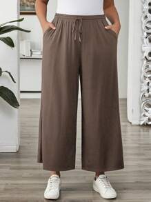 EMERY ROSE Plus Size Women's Solid Color Drawstring Wide Leg Loose Casual Summer Outfits Pants Fall - Coffee Brown - View 5