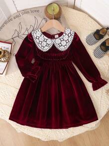 Genkimix Kids Young Girls Black Long Sleeve Ruffle Collar Velvet Long Dress, Casual Everyday Wear, Autumn/Winter - Burgundy - View 1
