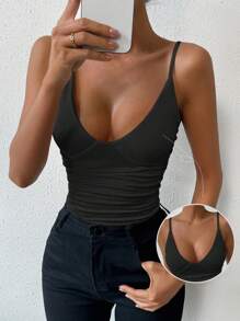 Chiquease Pleated Deep  Camisole Top, Summer - Black - View 1