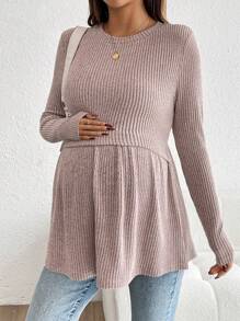 SHEIN 孕妇圆领长袖罗纹休闲哺乳上衣 - 粉色 - 查看 3