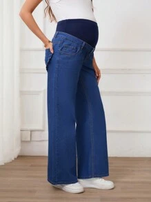 SHEIN 孕妇樱桃刺绣高腰休闲牛仔裤 - 中等水洗藍 - 查看 6