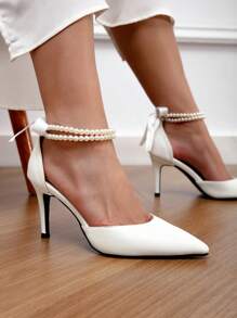 CUCCOO HITCHD Women's Pointed Toe High Heel Shoes With Pearl, Romantic Elegant Bowknot Lace-Up Bridal Wedding Pumps For Bride And Bridesmaids Valentines - White - View 11