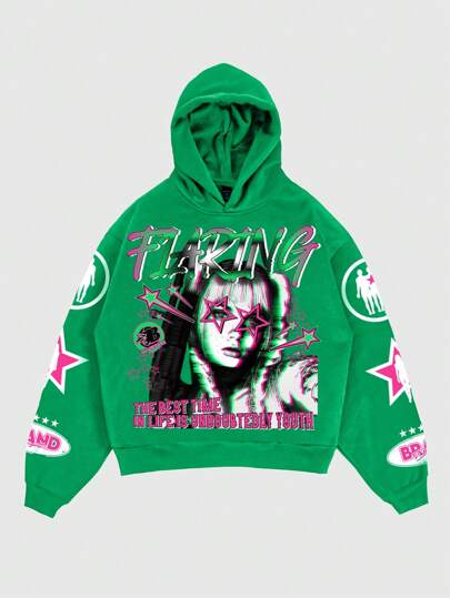 Street Life Men's Portrait Print Loose Fit Hoodie, Minimalist Fashion Casual Daily Wear