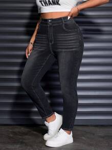 SHEIN EZwear Plus Size Women Pocketed Skinny Casual Jeans, Versatile - Dark Wash - View 1