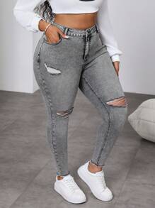 Slaydiva Plus Size Distressed Black Skinny Stretch Denim Jeans, Fall Women Clothes